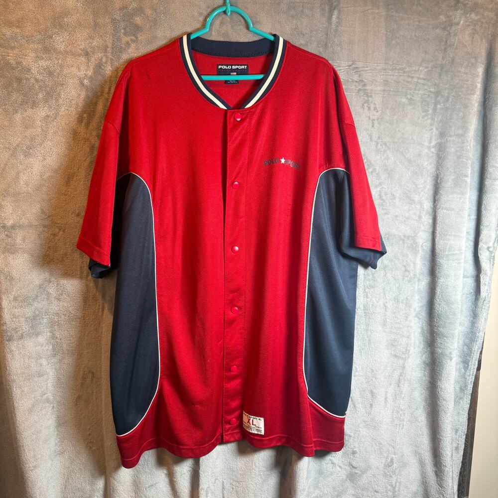 Vintage 90s Polo Sport Ralph Lauren Baseball Jersey XL USA Red Navy Snap